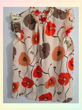 Feminine Poppy Blousee Cream Floral Ruffle Sleeve Top Orange and Brown Blooms